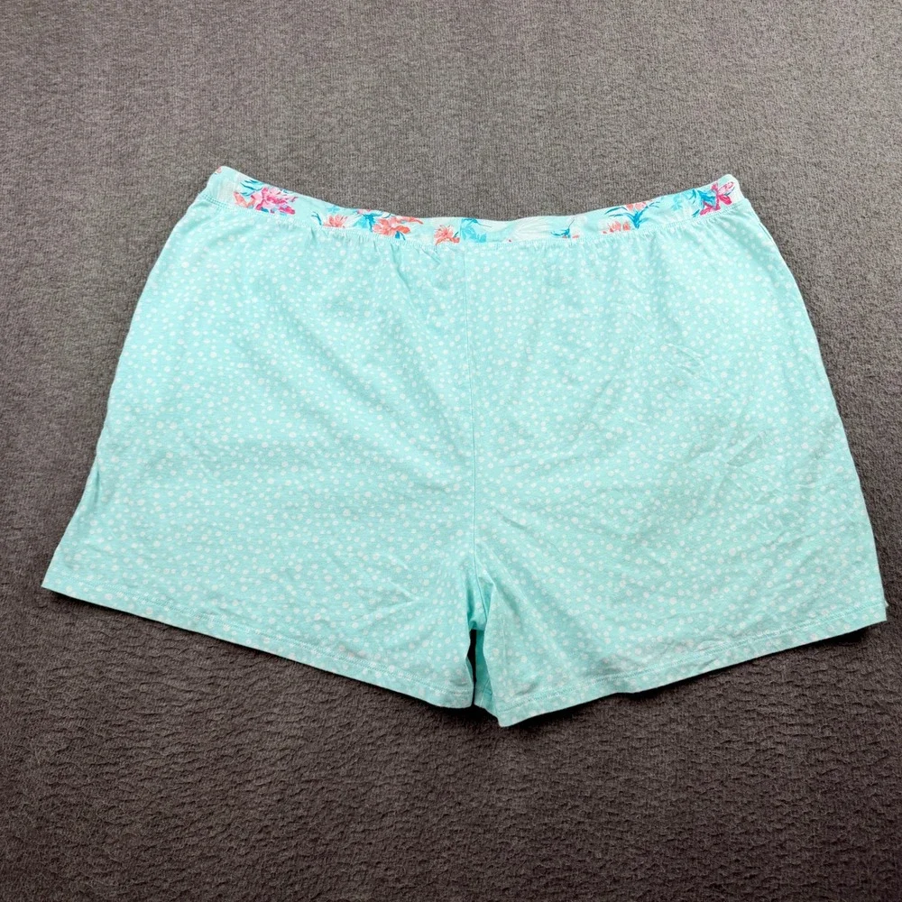 Carole Hochman Pajama Shorts Women's XXL Aqua Blue Polka Dot Floral Trim Cotton‎